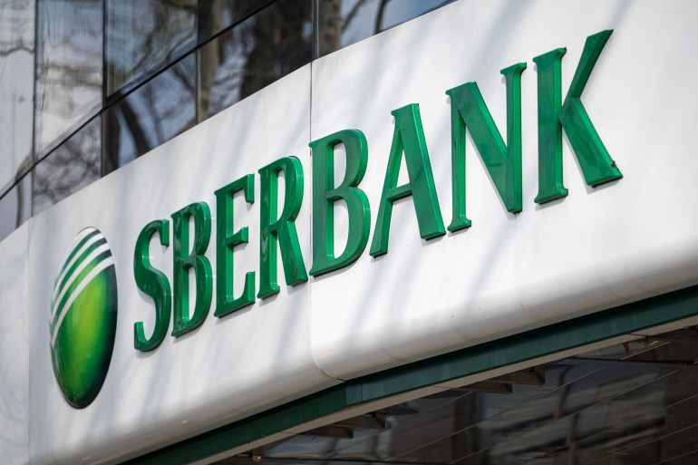 Logo of Russia's largest lender Sberbank, in Ljubljana