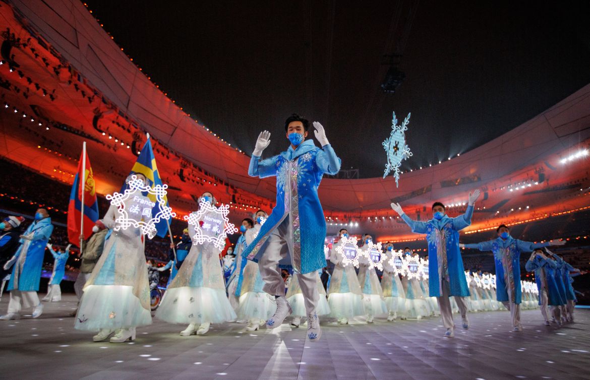 This handout photo taken and received from the OIS/IOC on March 13, 2022 shows performers taking part in the closing ceremony of the Beijing 2022 Winter Paralympic Games