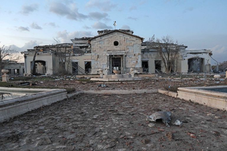 A general view shows a damaged mansion following an overnight attack in Arbil