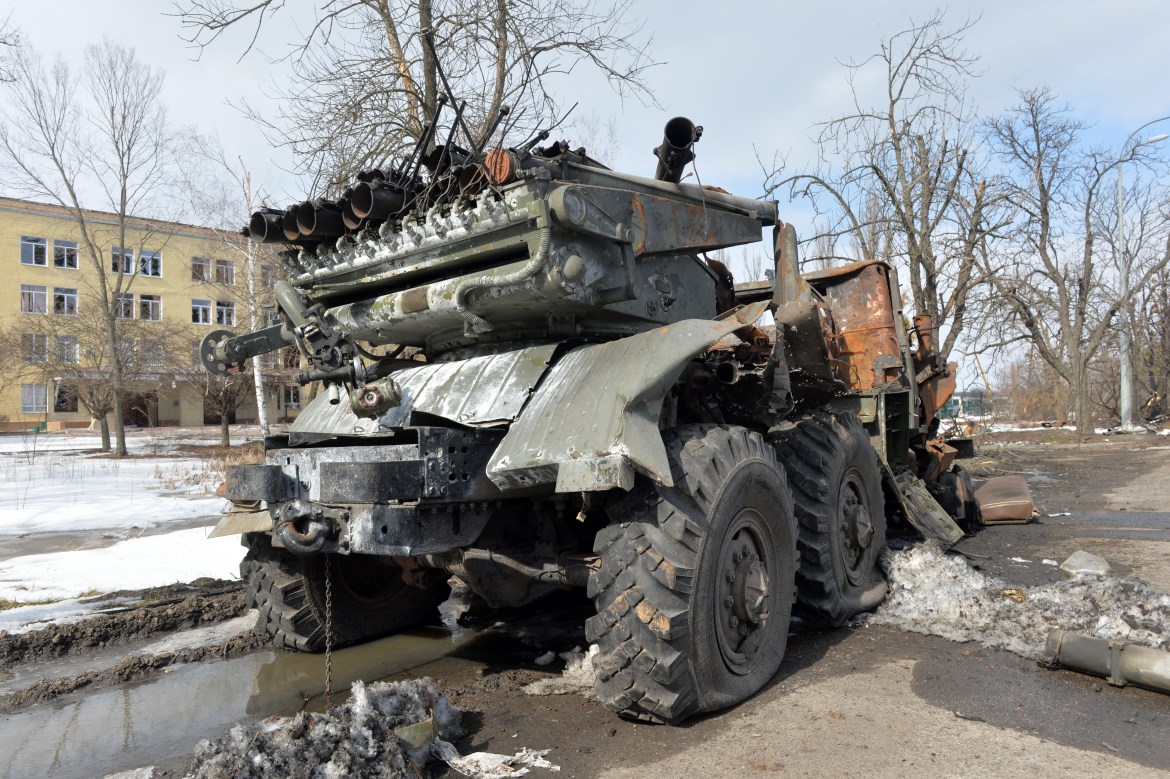 A view shows a destroyed Russian army multiple rocket launcher on the outskirts of Kharkiv