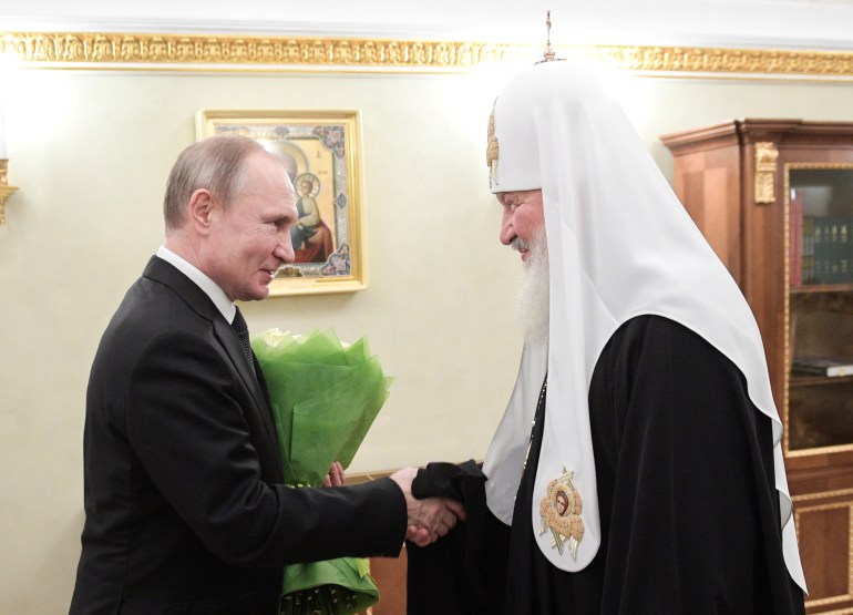 Russian President Vladimir Putin congratulates Patriarch Kirill of Moscow and All Russia in Moscow, Russia.