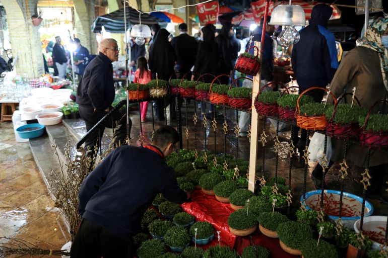 A worker arranges the plants baskets, ahead of the Iranian New Year Nowruz.