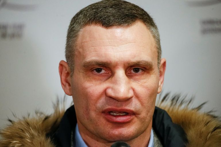 Mayor of Kyiv and former heavyweight boxing champion Vitali Klitschko speaks with journalists