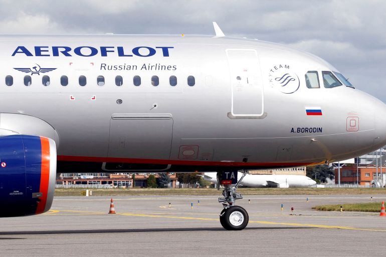 The logo of Russia's flagship airline Aeroflot is seen on an Airbus A320-200 in Colomiers near Toulouse, France,
