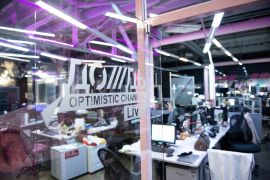 The logo of the TV Rain (Dozhd) online news channel is seen in a studio in Moscow, Russia