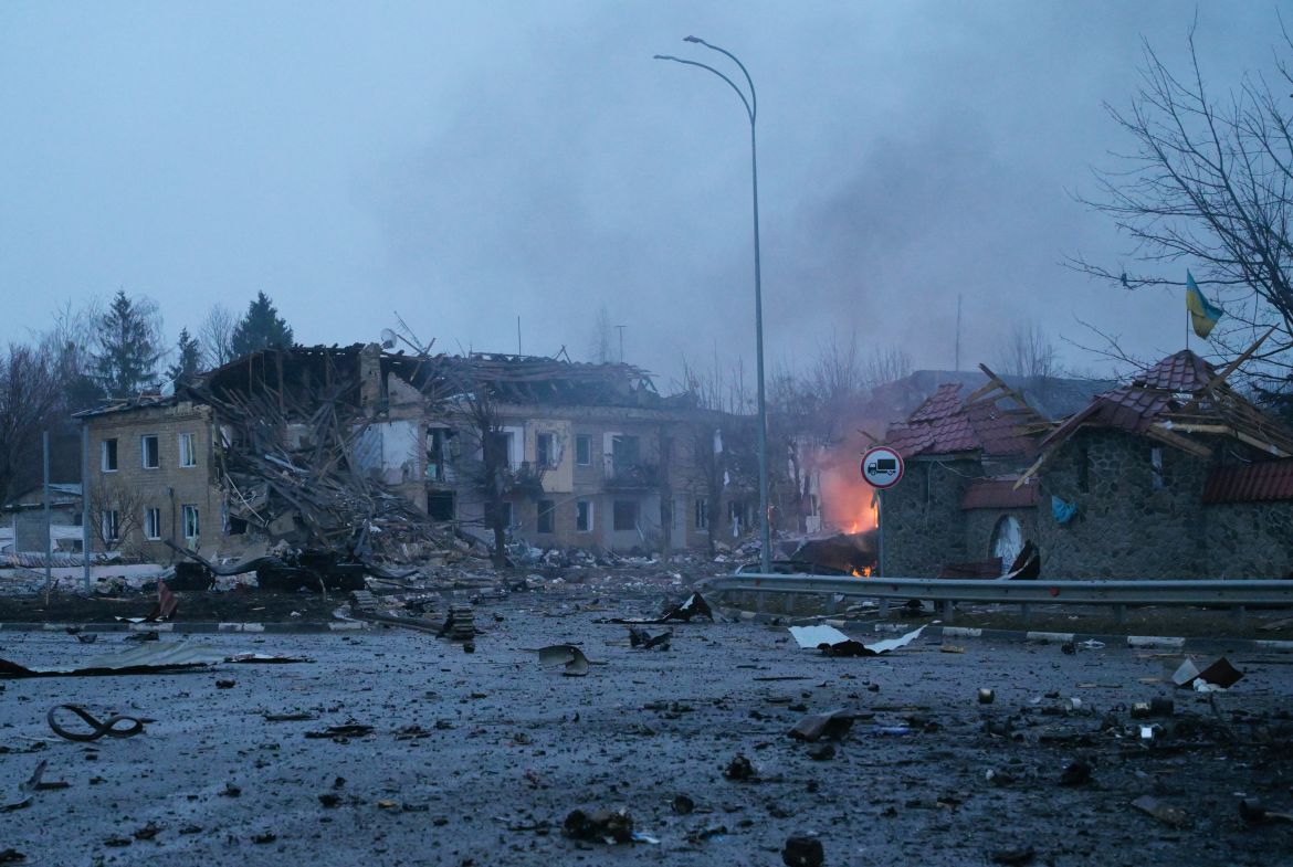 A view shows damaged buildings following recent shelling, as Russia's invasion of Ukraine continues, in the settlement of Borodyanka in the Kyiv region
