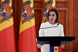 Moldovan President Maia Sandu speaks during a news conference with U.S. Secretary of State Antony Blinken
