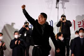 Yoon Suk-yeol gestures during his election campaign rally in Seoul.