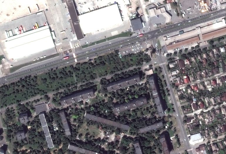 A satellite image shows a close up view of apartment buildings before the Russian invasion in Ukraine, in the western section of Mariupol, Ukraine