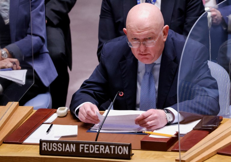 Russian Ambassador to the U.N. Vasily Nebenzya addresses the United Nations Security Council, amid Russia's invasion of Ukraine, at the United Nations Headquarters in New York City, U.S.