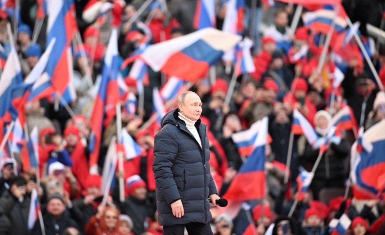 Russian President Vladimir Putin delivers a speech.