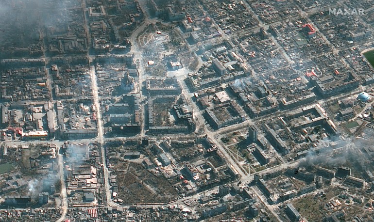 A satellite image shows an overview of Mariupol burning building and Mariupol Theater, Ukraine, March 21, 2022. 