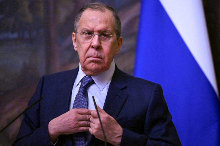 Russian foreign minister Sergey Lavrov attends a news conference following talks with President of the International Committee of the Red Cross (ICRC) Peter Maurer in Moscow
