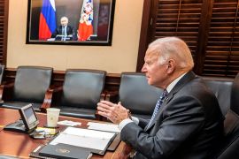 President Joe Biden holds virtual talks with Russia's President Vladimir Putin amid Western fears that Moscow plans to attack Ukraine, during a secure video call from the Situation Room at the White House in December.