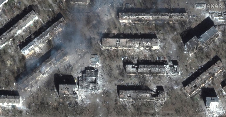 A satellite image shows devastation of residential apartment buildings, in Livoberezhnyi district, east Mariupol, Ukraine, March 29, 2022.
