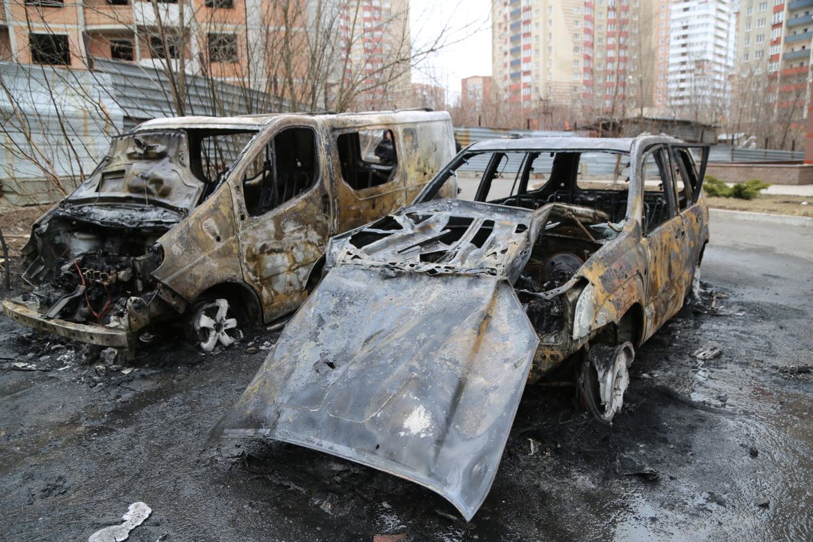 Destroyed vehicles are seen in Donetsk's Kievsky Rayonda, which is under control of pro-Russian separatists