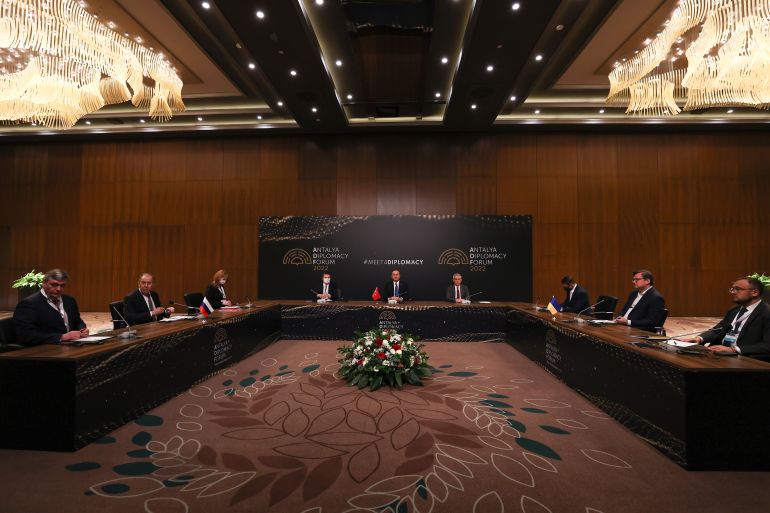 Turkish Foreign Minister Mevlut Cavusoglu, Russian Foreign Minister Sergey Lavrov and Ukraine's Foreign Minister Dmytro Kuleba attend Russia-Turkiye-Ukraine
