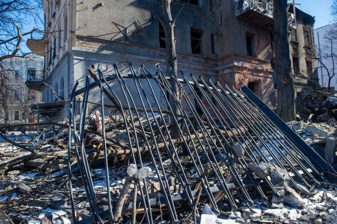 KHARKIV, UKRAINE - MARCH 15: A view of a building, damaged as a result of shelling of the city by Russian missiles in the center of Kharkiv