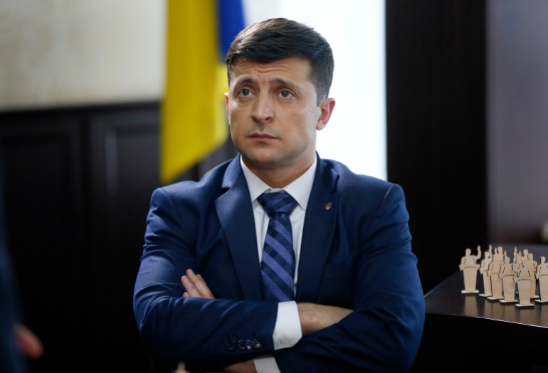 In this photo dated Feb. 6, 2019, Ukrainian comedian, Volodymyr Zelenskiy seen during the shooting of a popular TV series, where he plays the president during the filming in Kiev,
