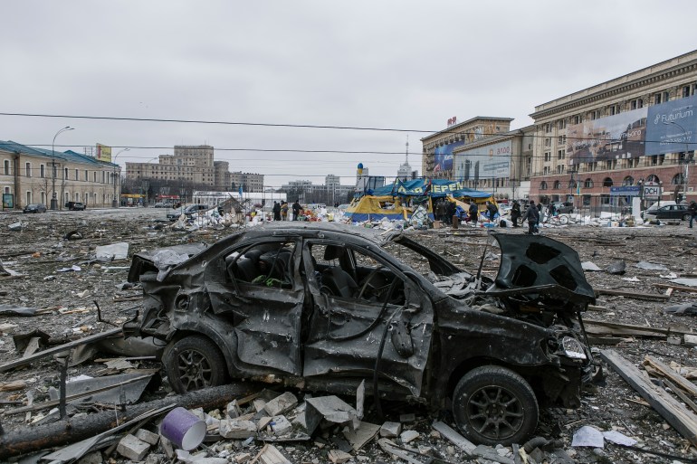 A view of the central square following shelling of the City Hall building in Kharkiv, Ukraine