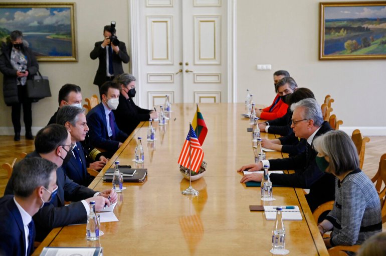 US Secretary of State Antony Blinken, third left from bottom, meets with Lithuanian President Gitanas Nauseda, second right, in Vilnius, Lithuania.