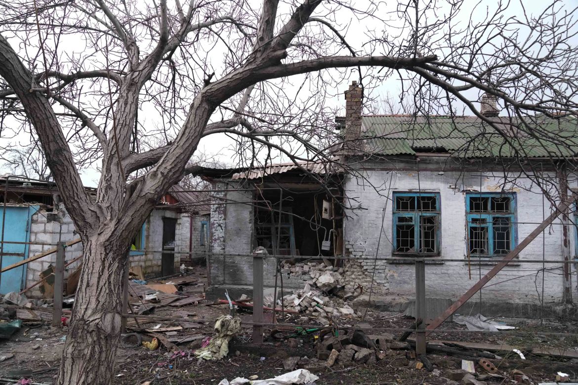 An apartment building is destroyed by shelling in Mariupol,
