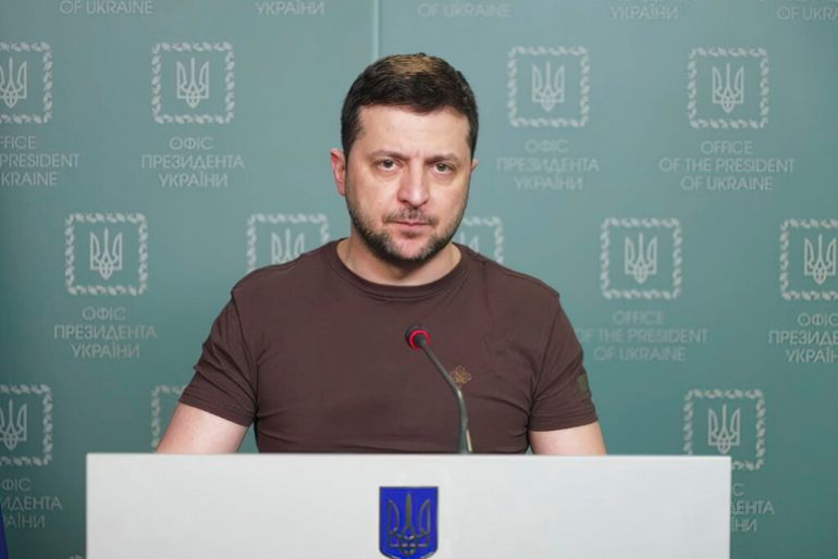 image from video provided by the Ukrainian Presidential Press Office and posted on Facebook, Ukrainian President Volodymyr Zelenskyy speaks in Kyiv.