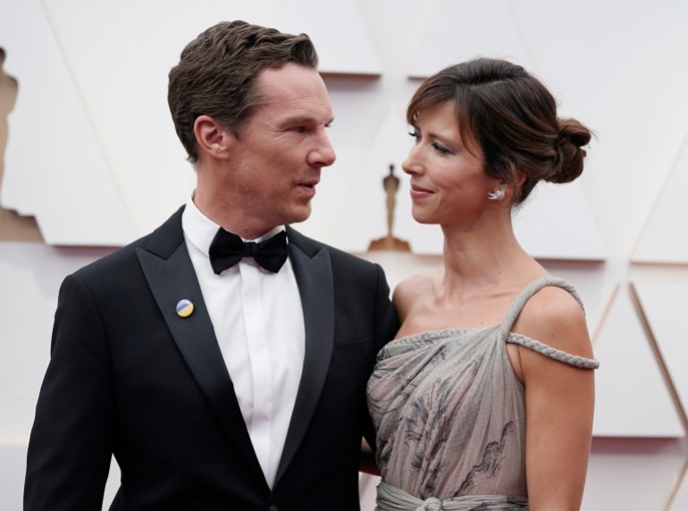 Benedict Cumberbatch, left, and Sophie Hunter arrive at the Oscars on Sunday, March 27, 2022, at the Dolby Theatre in Los Angeles.