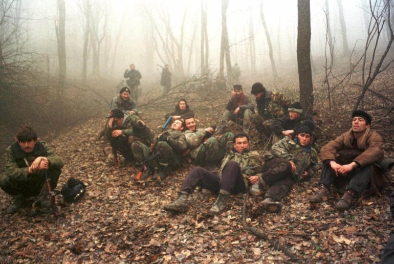 Chechen rebels in a forest in 1999