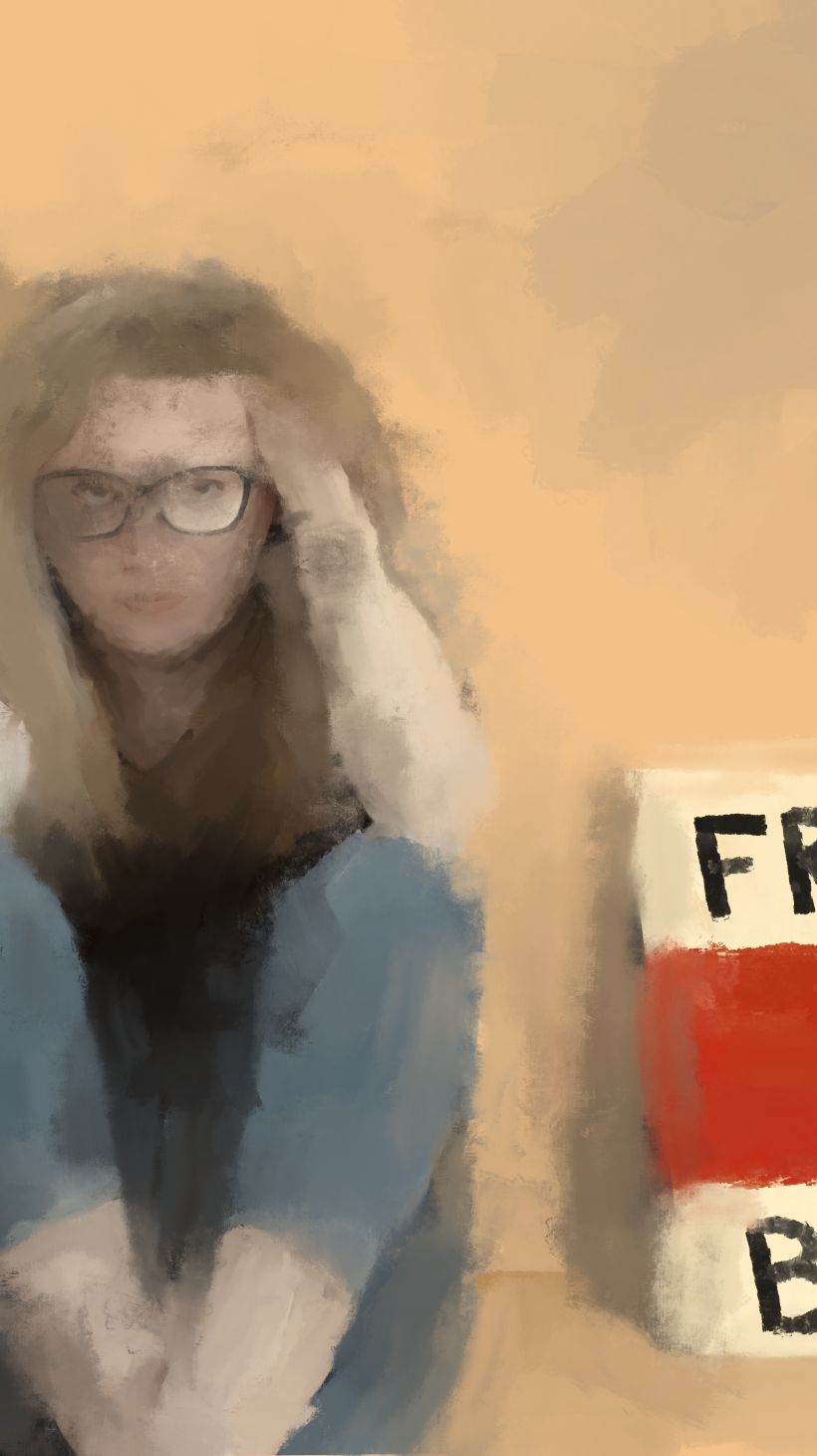 An illustration of a girl with glasses wearing jeans holding sitting and holding her head with a sign next to her saying, "Freedom Belarus"