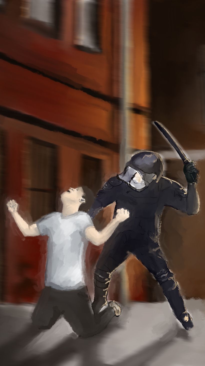 Drawing of a policeman beating a protester