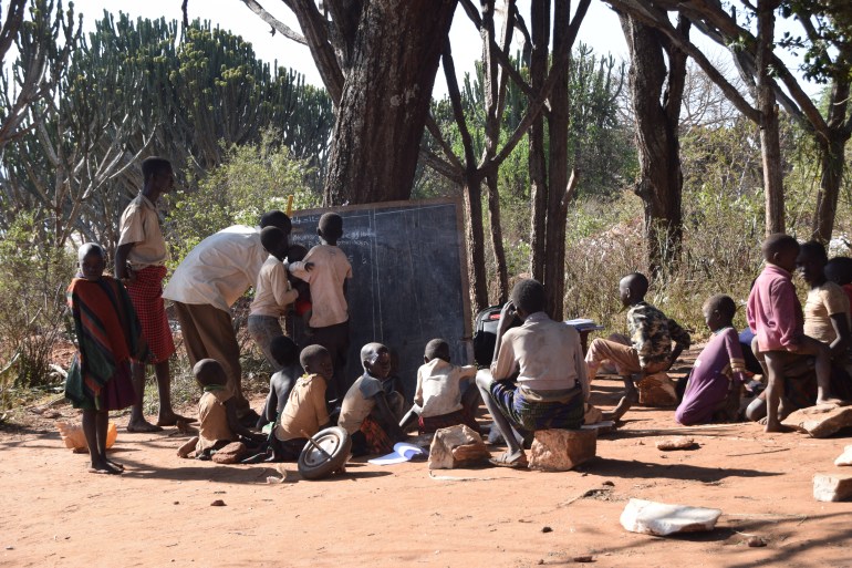 A makeshift nursery school for children at a small-scale mining site in Rupa sub-county, Moroto district, Uganda, on 24 November 2021