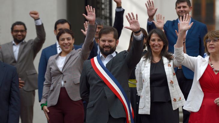 Gabriel Boric, president of Chile, poses with his ministers.