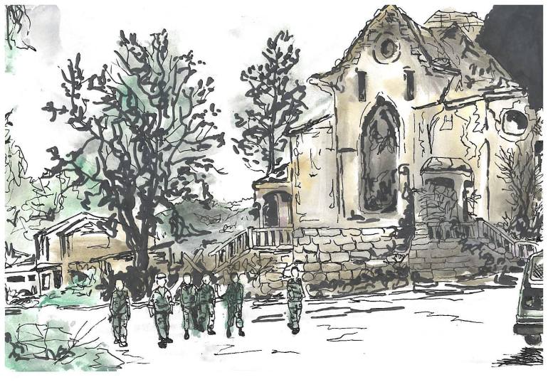Drawing of soldiers walking past a building