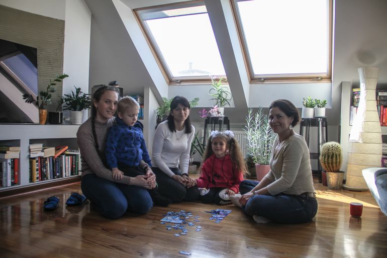 Magdalena Petersen, Katya Nesteruk, Yulia Koval and their children in the flat of Petersen's friend who lives in Germany