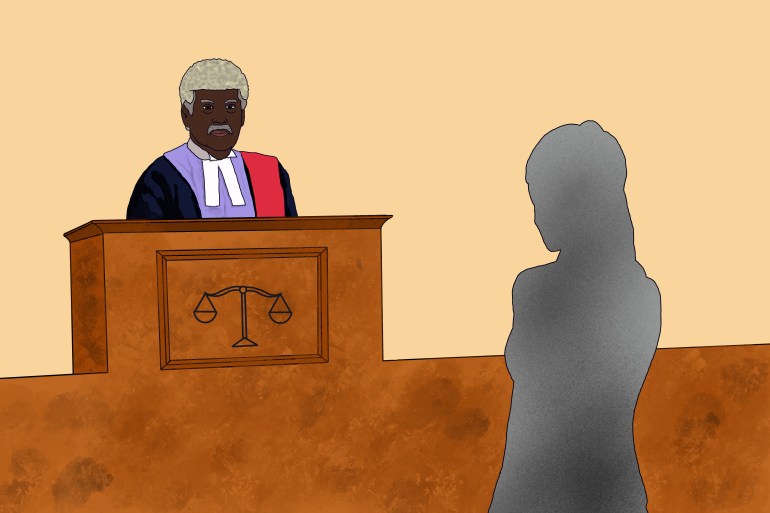 Drawing of a judge in a courtroom