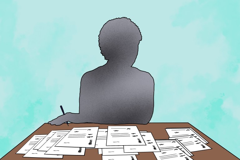 Drawing of a person filling out forms