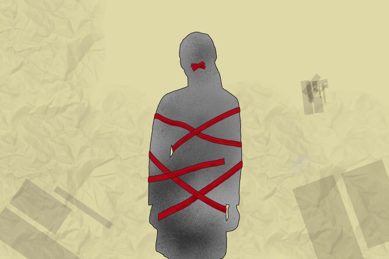 Drawing of a woman bound by red tape