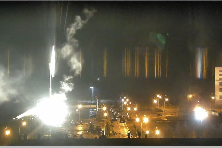 Surveillance camera footage shows a flare landing at the Zaporizhzhia nuclear power plant