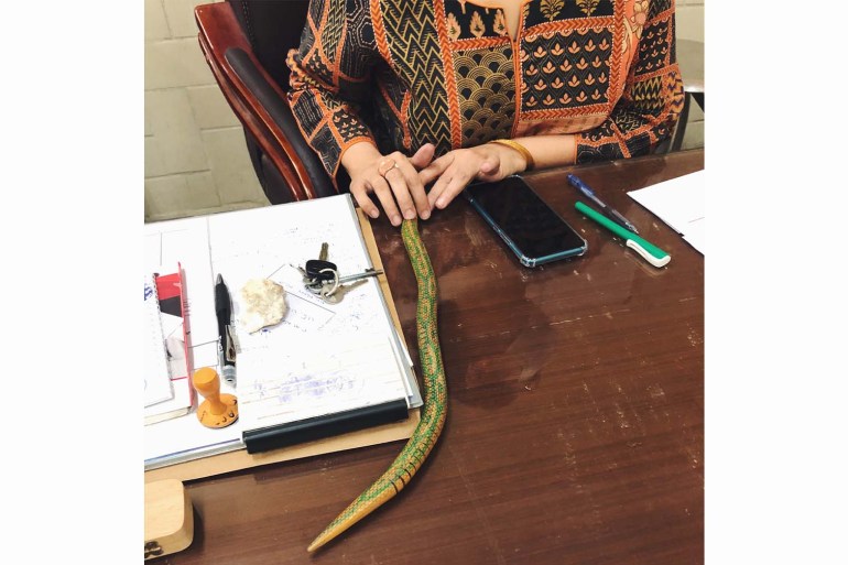 A photo of a toy snake on a desk.