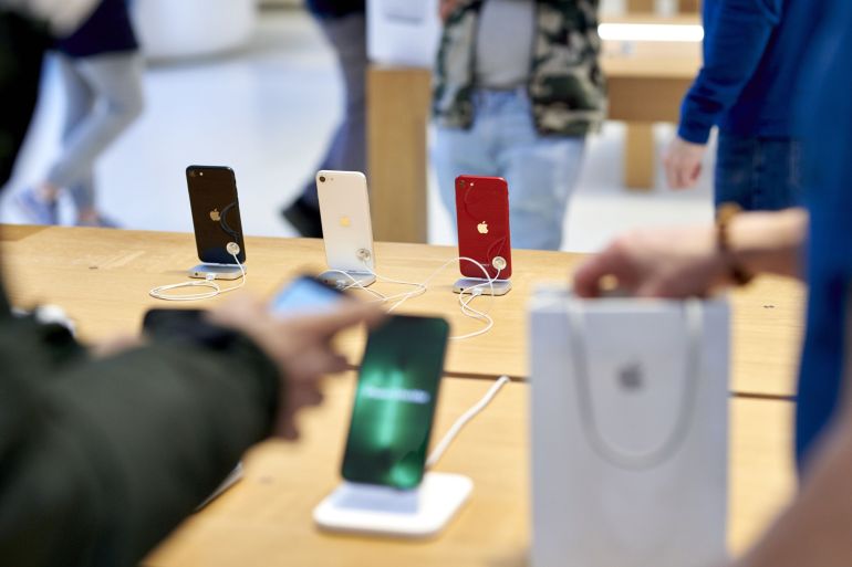 Apple iPhone SE 3 smartphones during the sales launch at the Apple Inc. flagship store in New York, U.S.