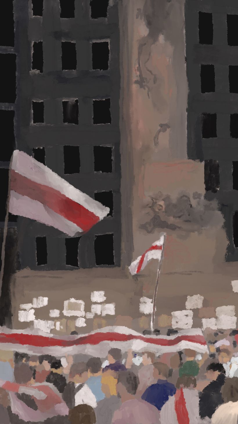 An illustration of a large crowd of people outdoors holding Belarus flags and signs in a protest.