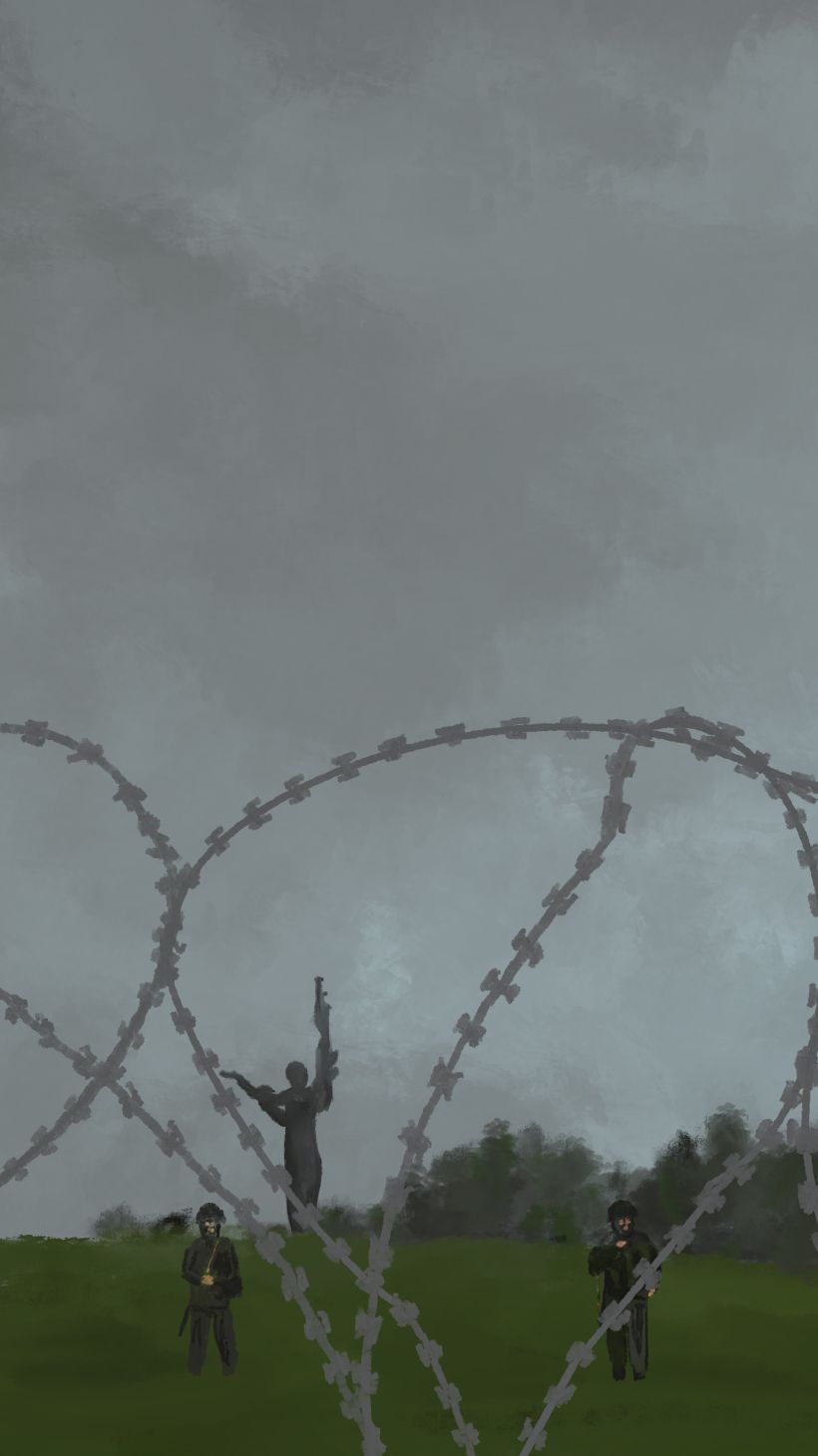 An illustration of barbed wire with 5 soldiers on the other side.