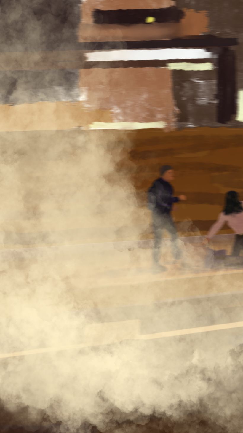 An illustration of three people on the street at night with a large amount of teargas smoke coming from the left end of the illustration.