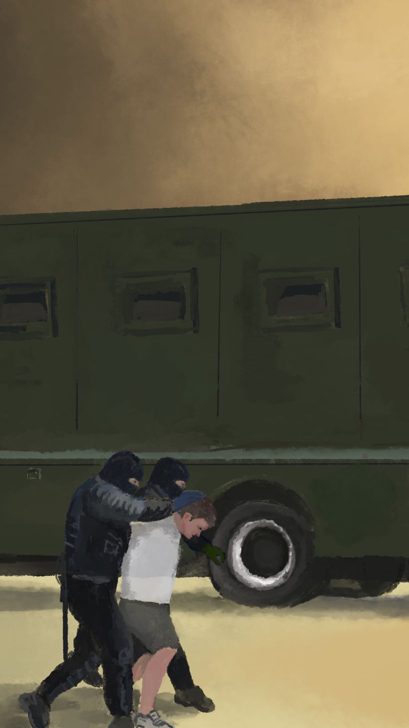 An illustration of a police truck with a police officer at the end of the truck with the door open and another police officer restraining a protester and pushing them towards the door at the back of the truck.