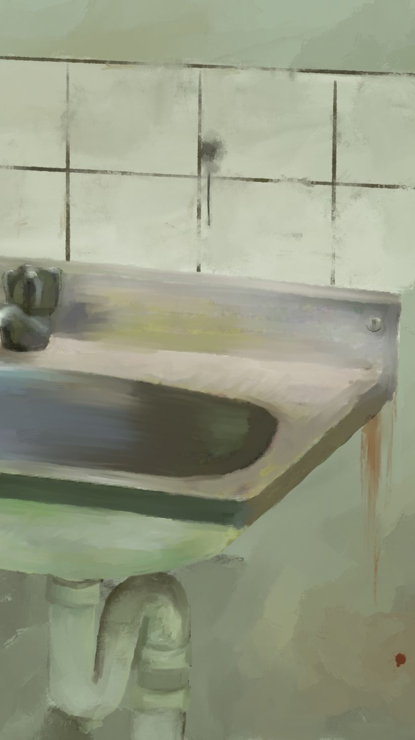 An illustration of a sink with a red handprint on the wall.