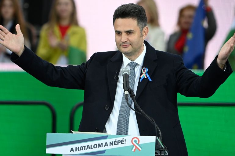 Prime ministerial candidate of the united opposition Peter Marki-Zay addresses his supporters during a rally of the Hungarian opposition alliance