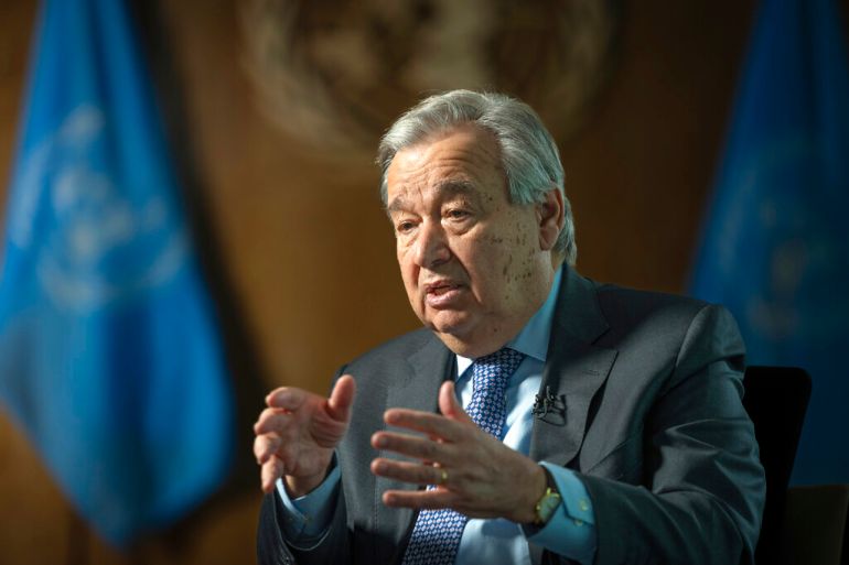 UN Secretary-General Antonio Guterres sits for an interview at the UN Headquarters in New York