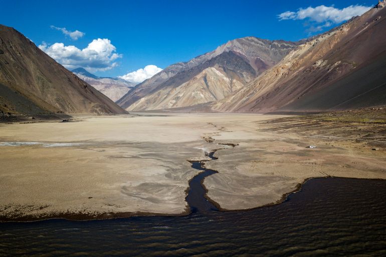 Dried-up El Yeso Reservoir, located in the Andes, in San Jose de Maipo, Chile.