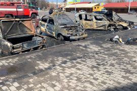 Burnt out vehicles are seen after a rocket attack on the railway station in the eastern city of Kramatorsk, in the Donbass region on April 8, 2022